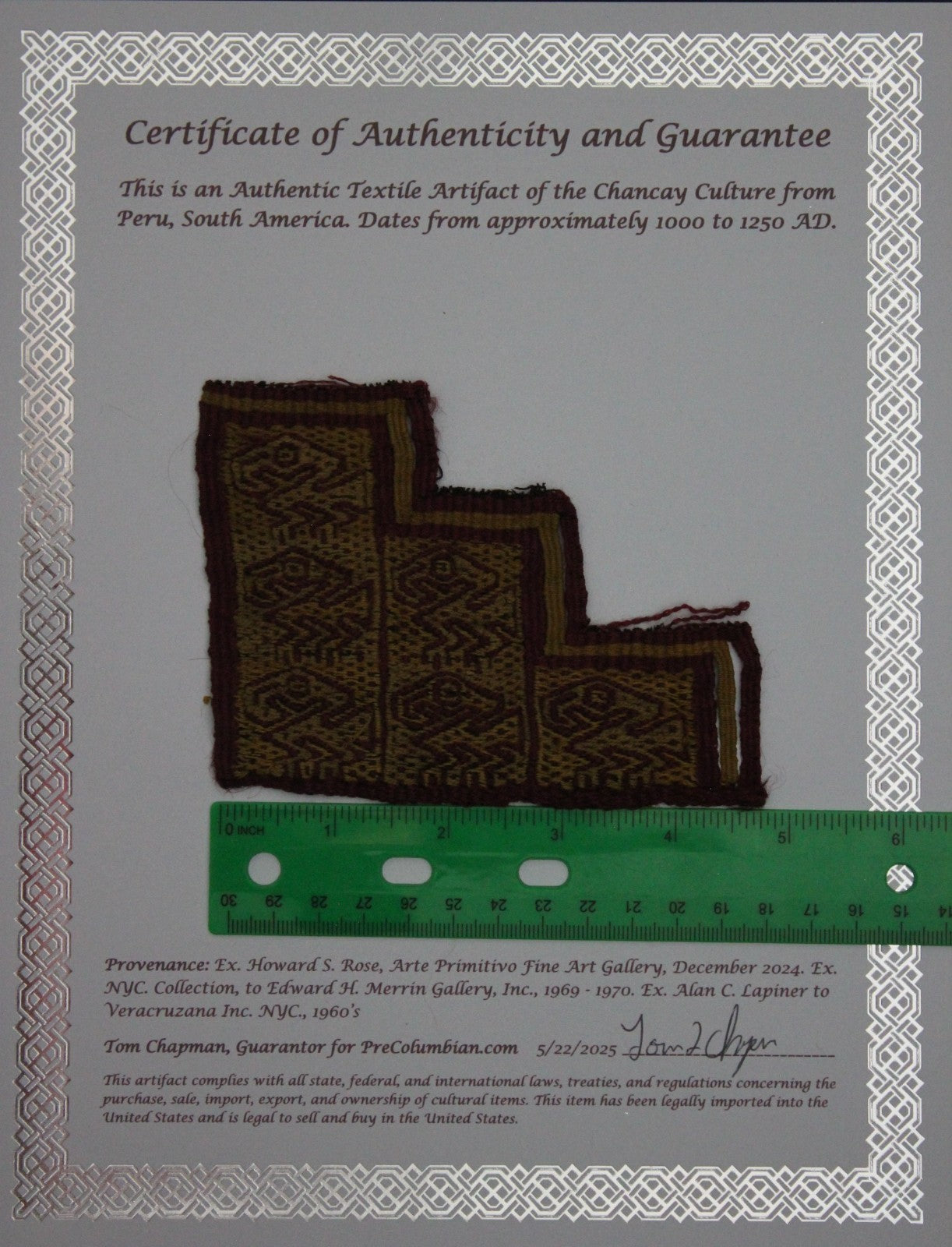 Pre Columbian Artifact Authentic Frameable Textile Border Chancay Peru COA 14