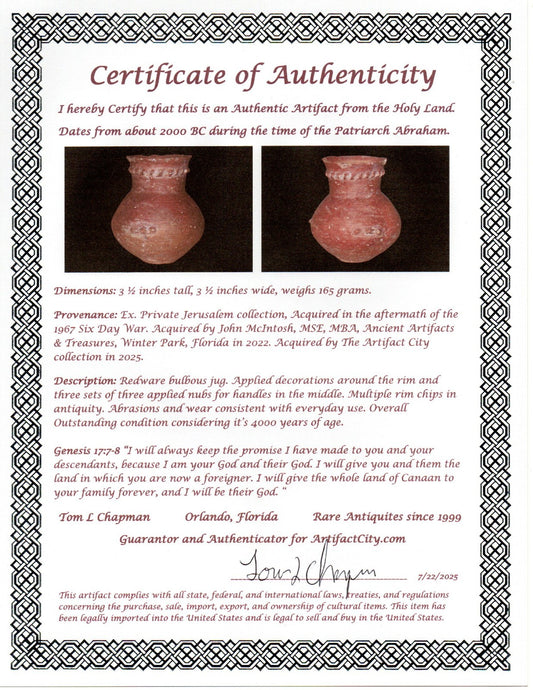 Ancient Holy Land JugArtifact 4000 Year Old Time of Abraham 2000 BC COA J131