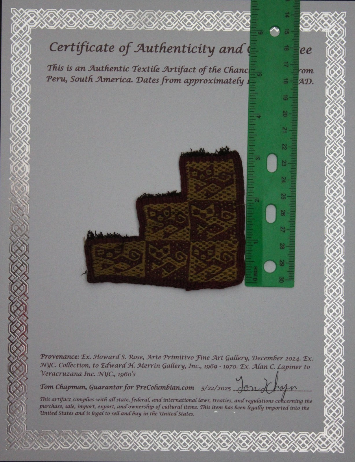 Pre Columbian Artifact Authentic Frameable Textile Border Chancay Peru COA 18
