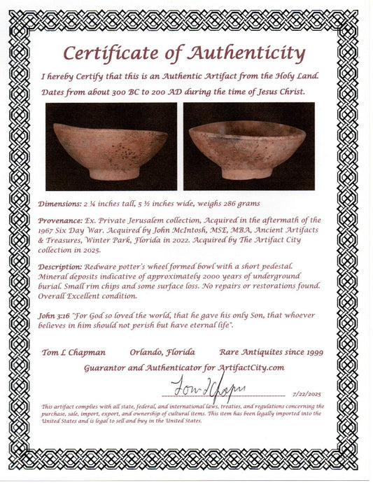 Ancient Holy Land Bowl Artifact From Time of Jesus Christ 300BC-200AD COA J129