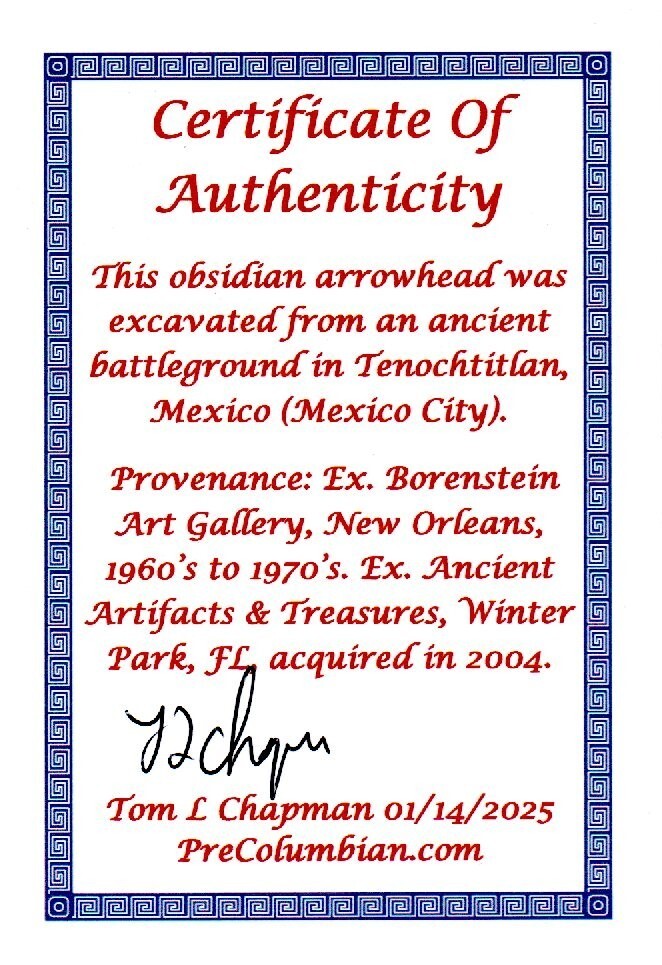 Pre Columbian Artifact Authentic Aztec Arrowhead Battle of Mexico City COA 62