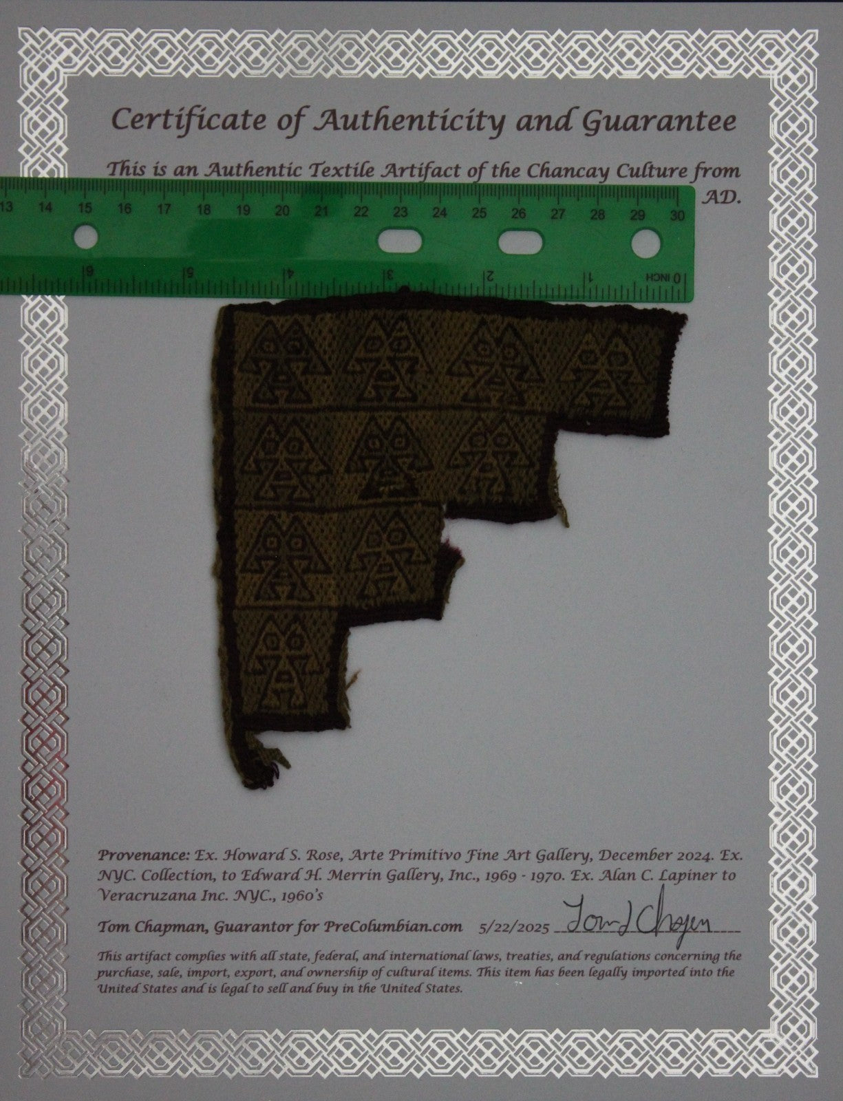 Authentic Pre Columbian Artifact Frameable Textile Border Chancay Peru COA 11