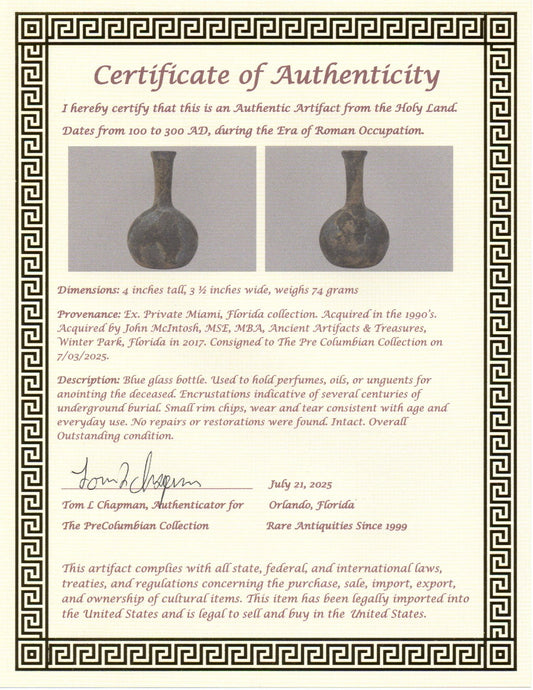 Ancient Holy Land Glass Bottle Authentic Artifact 100-300 AD Roman Era COA J21