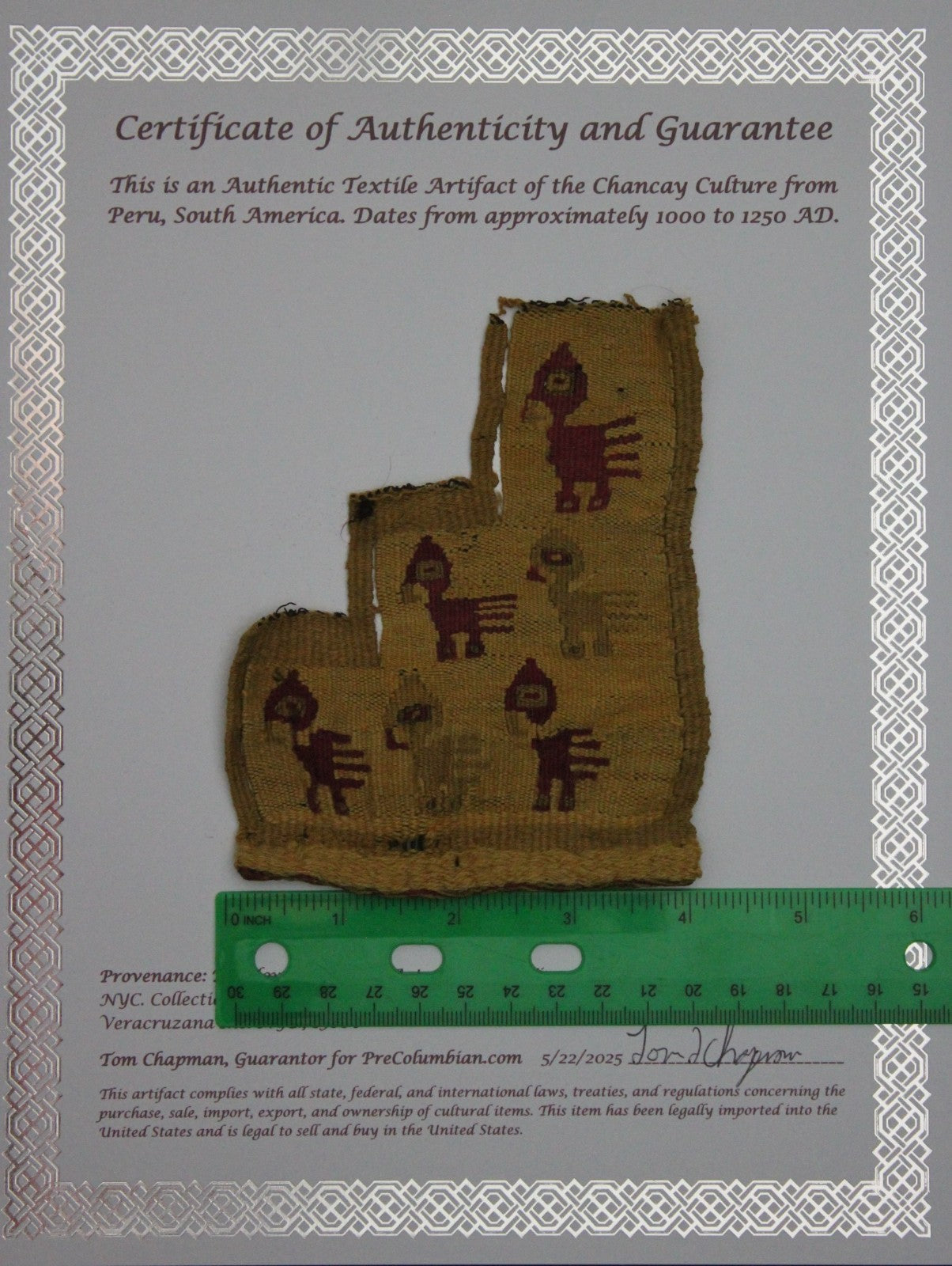 Pre Columbian Artifact Authentic Frameable Textile Border Chancay Peru COA 09