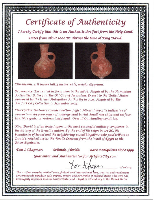 Ancient Holy Land Artifact King David Era Jug Land of Jesus Christ 1000 BC COA 9
