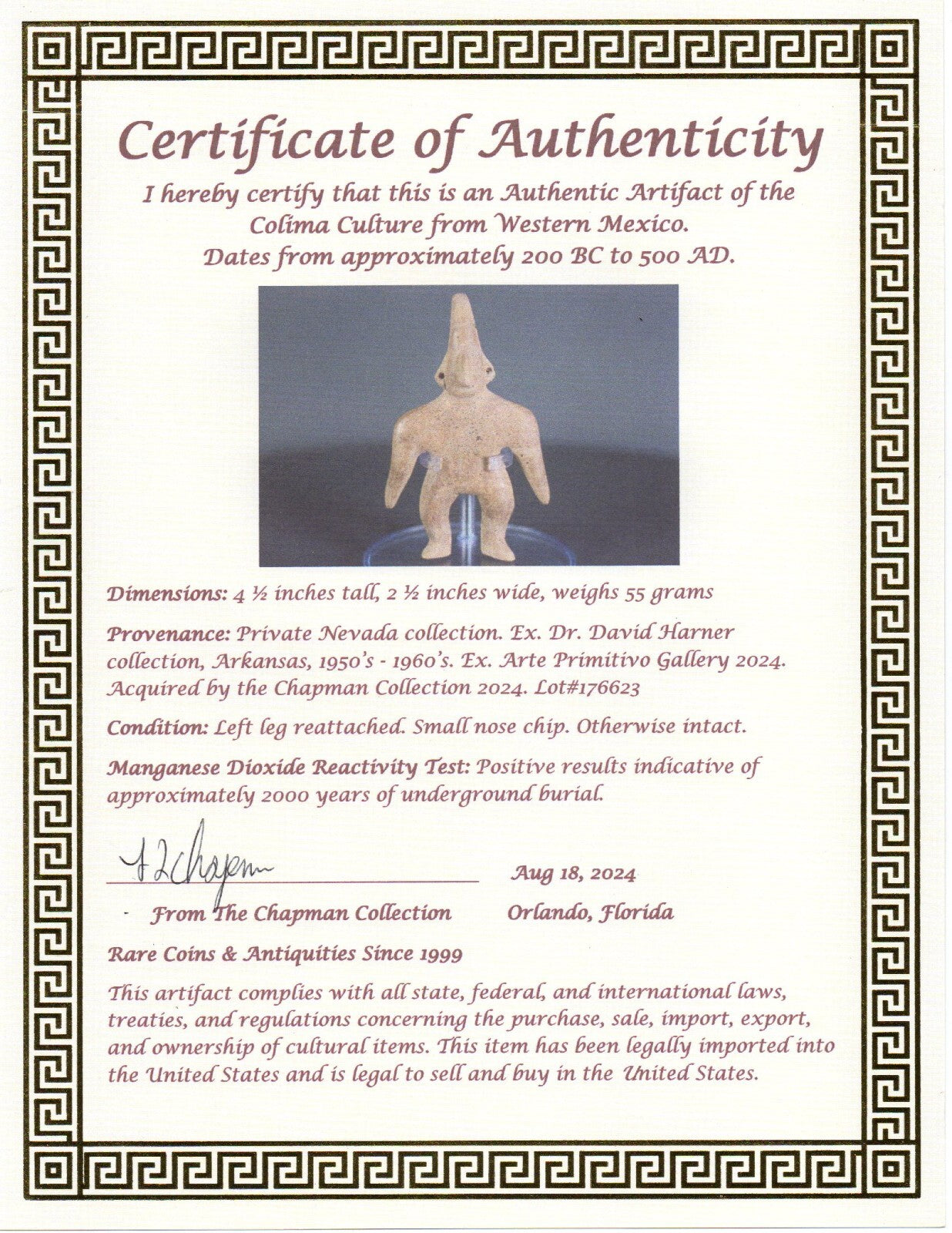 Authentic Pre Columbian Artifact Archaic Tomb Figure Colima Mexico 200BC COA T14