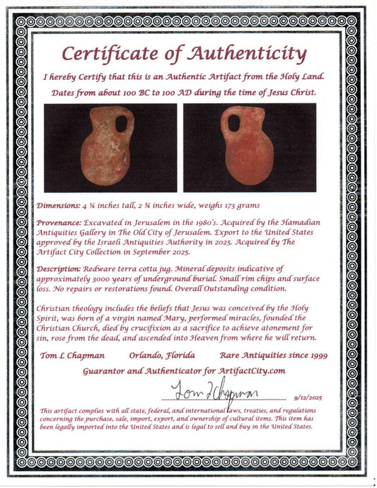 Ancient Holy Land Artifact Jug From Time of Jesus Christ 100 BC - 100 AD COA 18