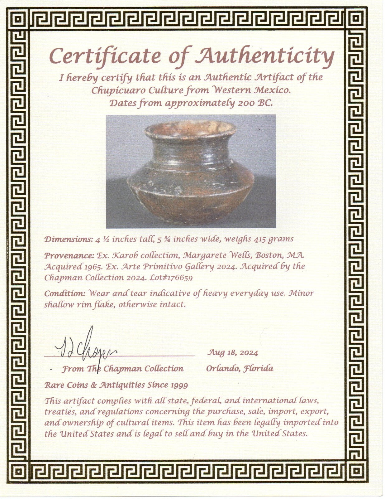 Authentic Pre Columbian Artifact Olla Pottery Chupicuaro Mexico 200 BC COA T88