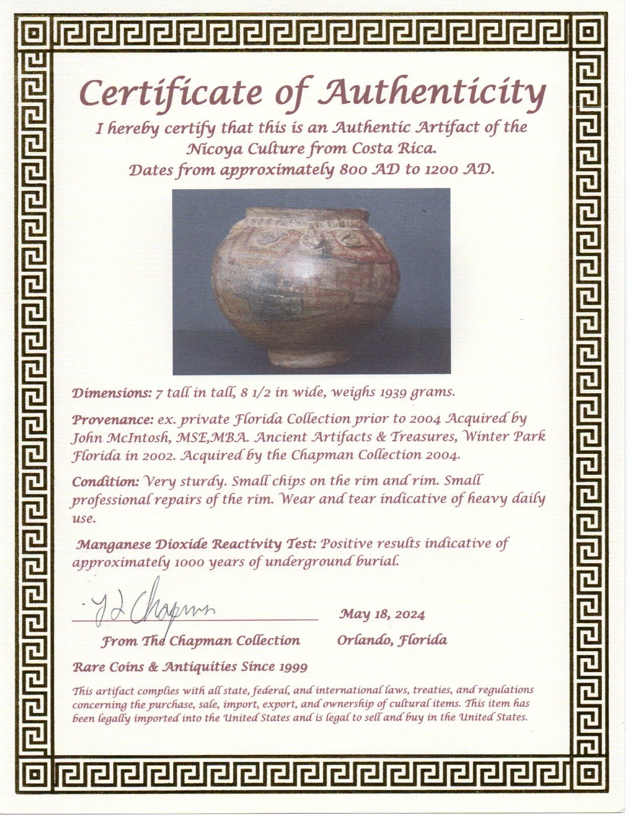 Authentic Pre Columbian Artifact Bowl Nicoya Costa Rica 800-1200 AD COA J22