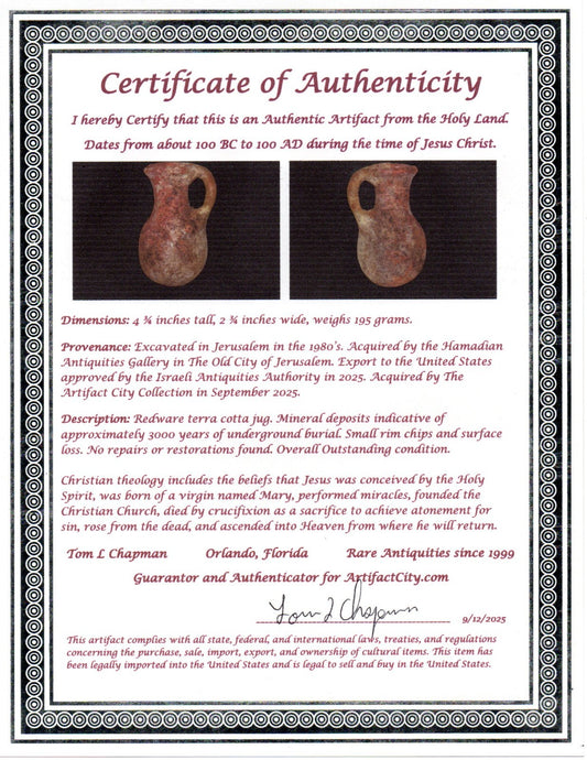 Ancient Holy Land Artifact Jug From Time of Jesus Christ 100 BC - 100 AD COA 15