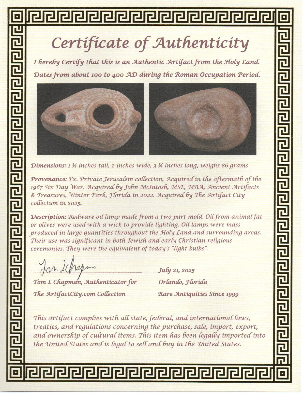 Ancient Holy Land Oil Lamp Artifact Jesus Christ Homeland 100 - 400 AD COA L07