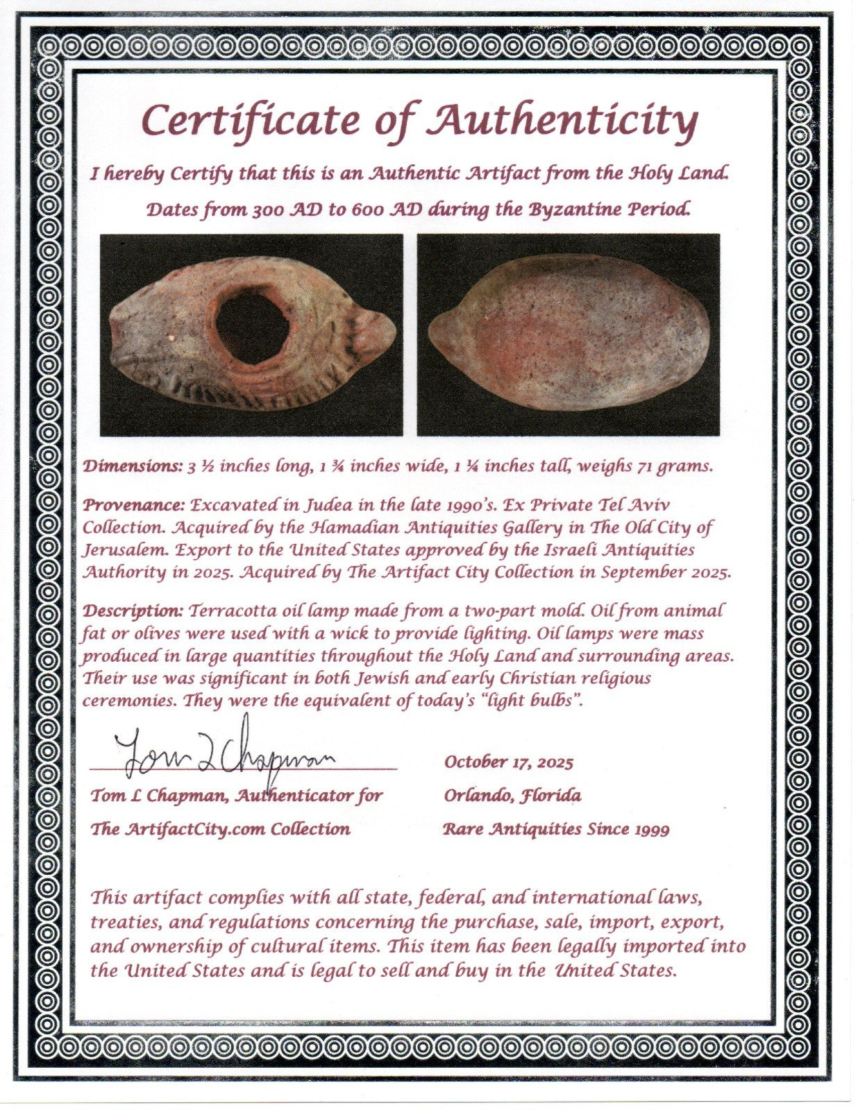 Oil Lamp Holy Land Ancient Artifact Jesus Christ Home Israel 300-600 AD COA 69