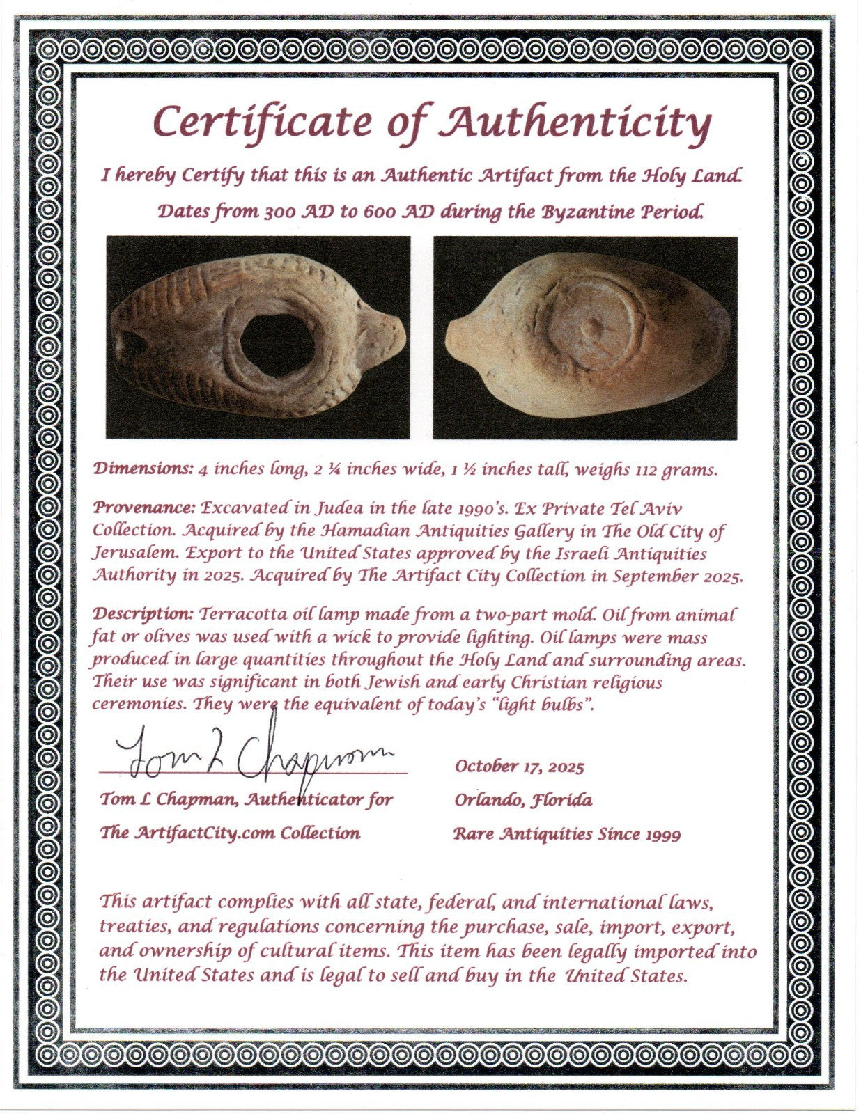 Oil Lamp Holy Land Ancient Artifact Jesus Christ Home Israel 300-600 AD COA 99