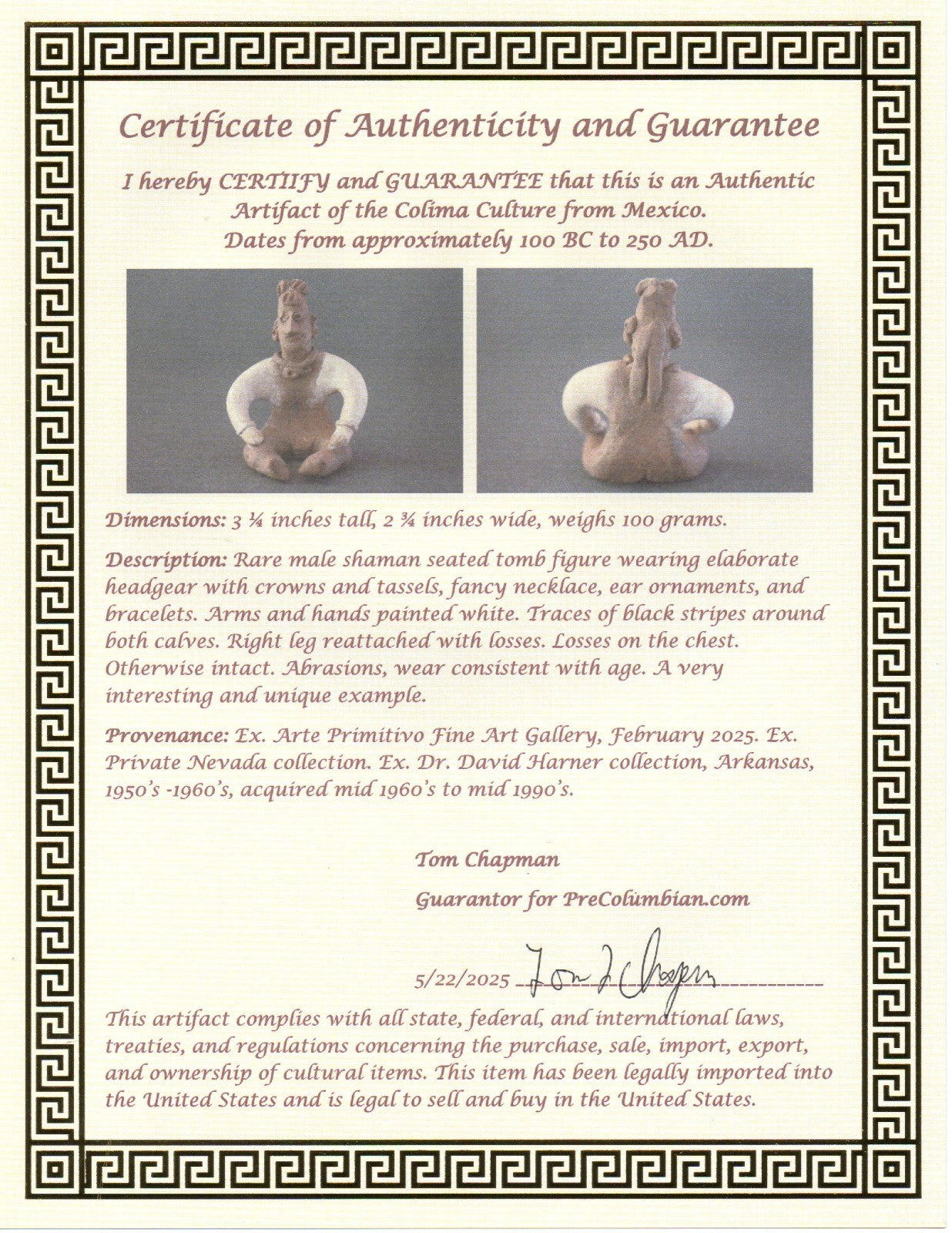 Pre Columbian Artifact Authentic Seated Shaman Tomb Figure Colima Mexico COA 194