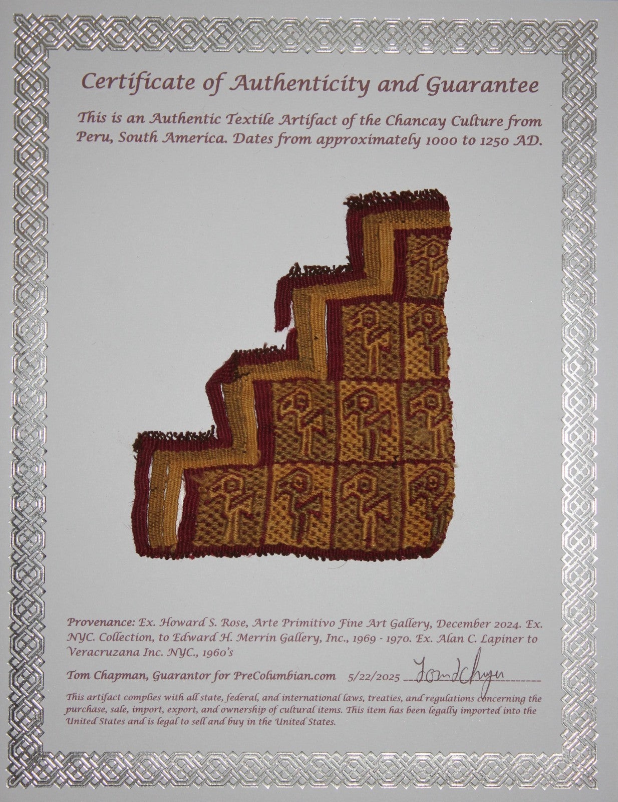 Pre Columbian Artifact Authentict Frameable Textile Border Chancay Peru COA 12