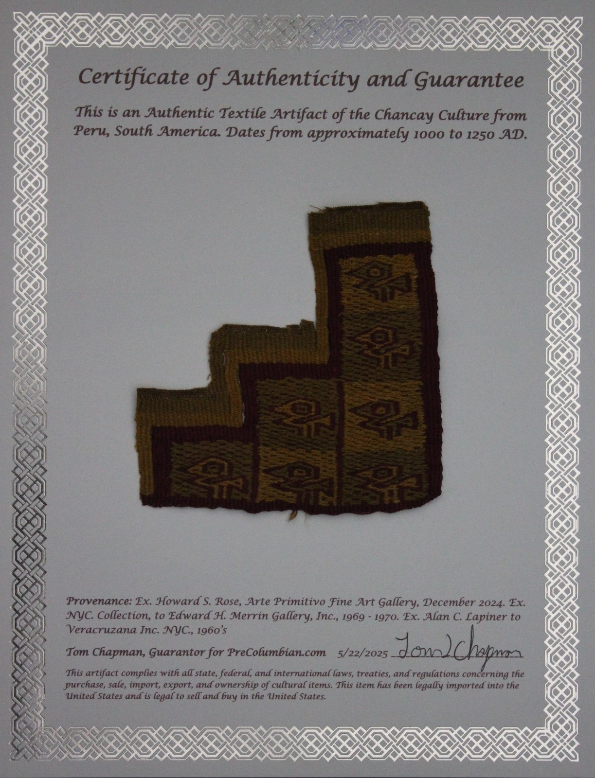 Pre Columbian Artifact Authentic Frameable Textile Border Chancay Peru COA 33
