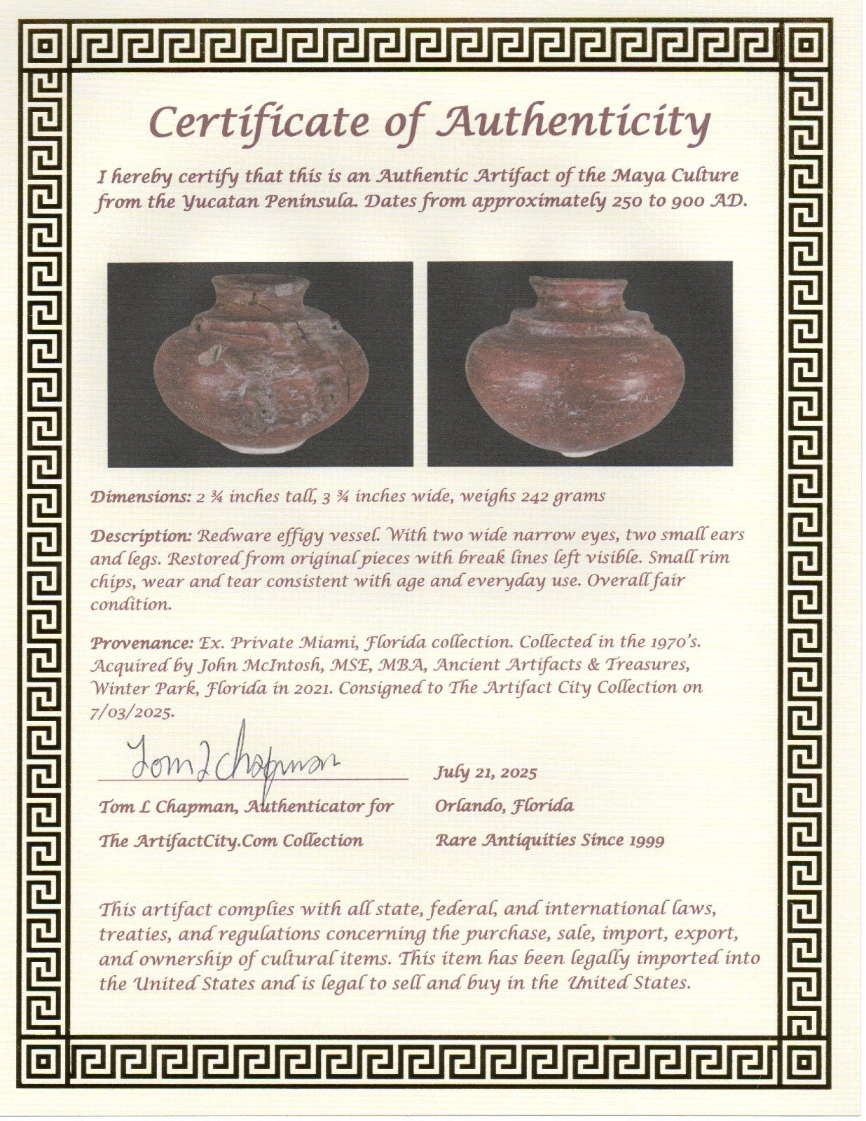 Pre Columbian Authentic Artifact Repaired Mayan Olla Yucatan 250-900 AD COA J69