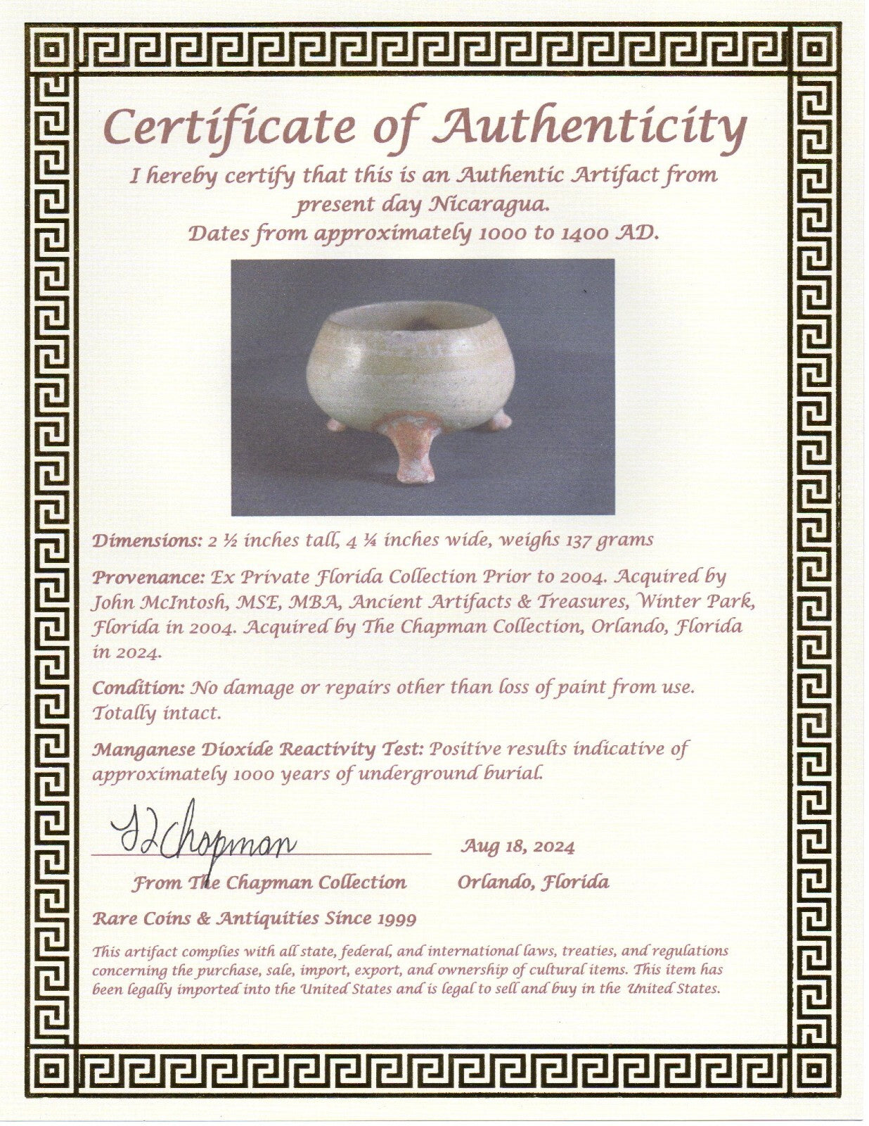 Pre Columbian Artifact Authentic Mini Tripod Bowl 1000-1400 AD Nicaragua COA J92