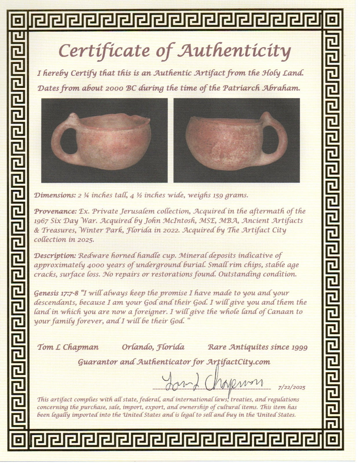 Time of Abraham Holy Land Artifact Ancient 4000 Year Old Cup 2000 BC COA J118