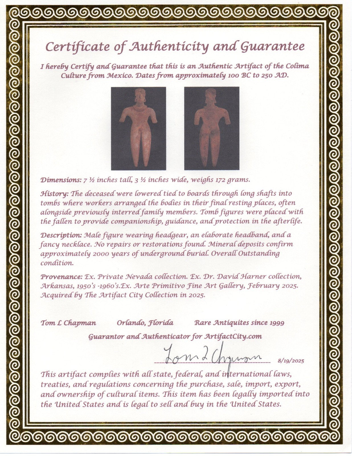 Pre Columbian Artifact 7 inch Male Shaft Tomb Figure Colima Mexico 100BC COA 263