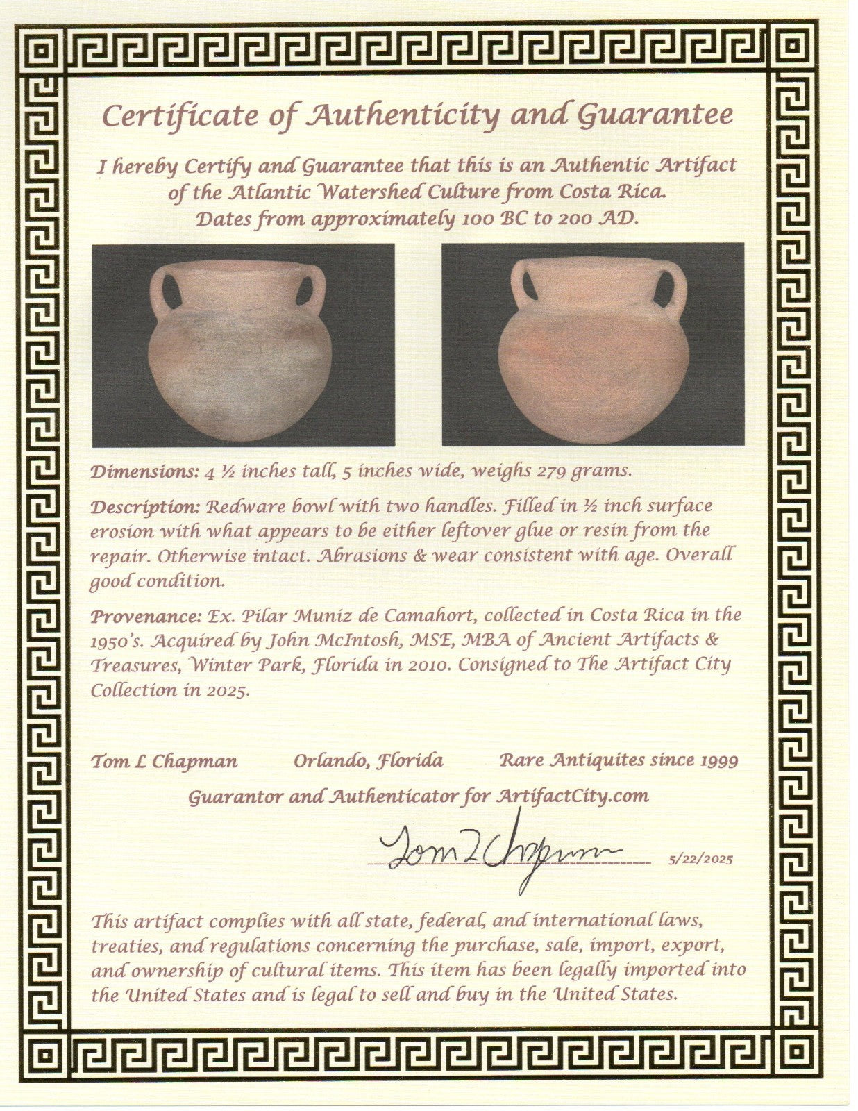 Pre Columbian Artifact Authentic Olla Atlantic Watershed Costa Rica COA J90