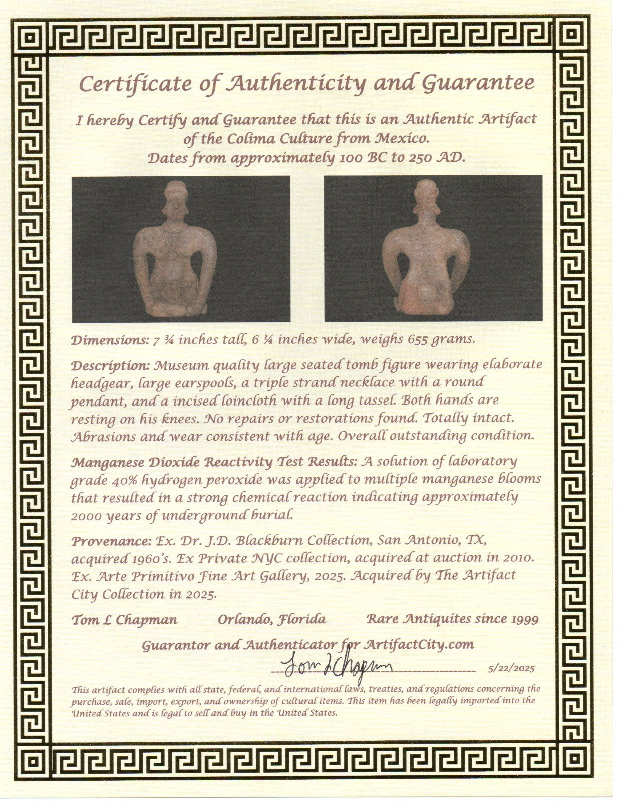 Pre Columbian Museum Quality Artifact Large Tomb Figure Colima Mexico COA 215