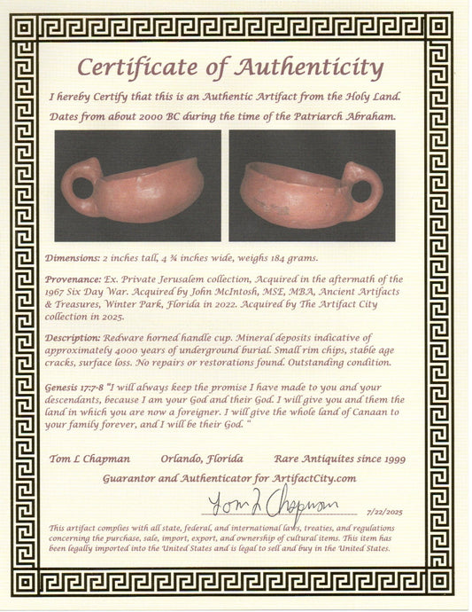 Ancient Holy Land Artifact 4000 Year Old Cup Time of Abraham 2000 BC COA J114