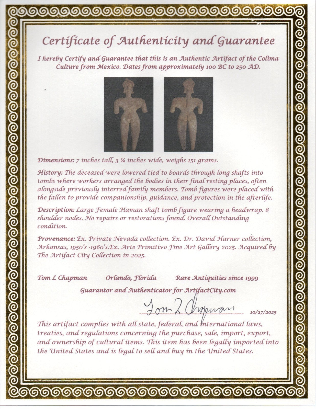 Pre Columbian Artifact 7 Inch Tall Shaft Tomb Figure Colima Mexico 100BC COA 286