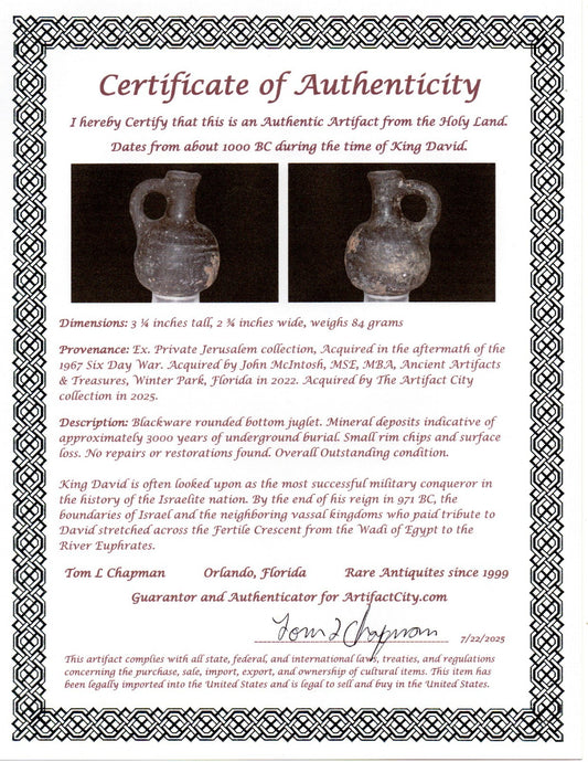 Ancient Holy Land Jugglet Artifact 3000 Year Old King David Era 1000BC COA J132