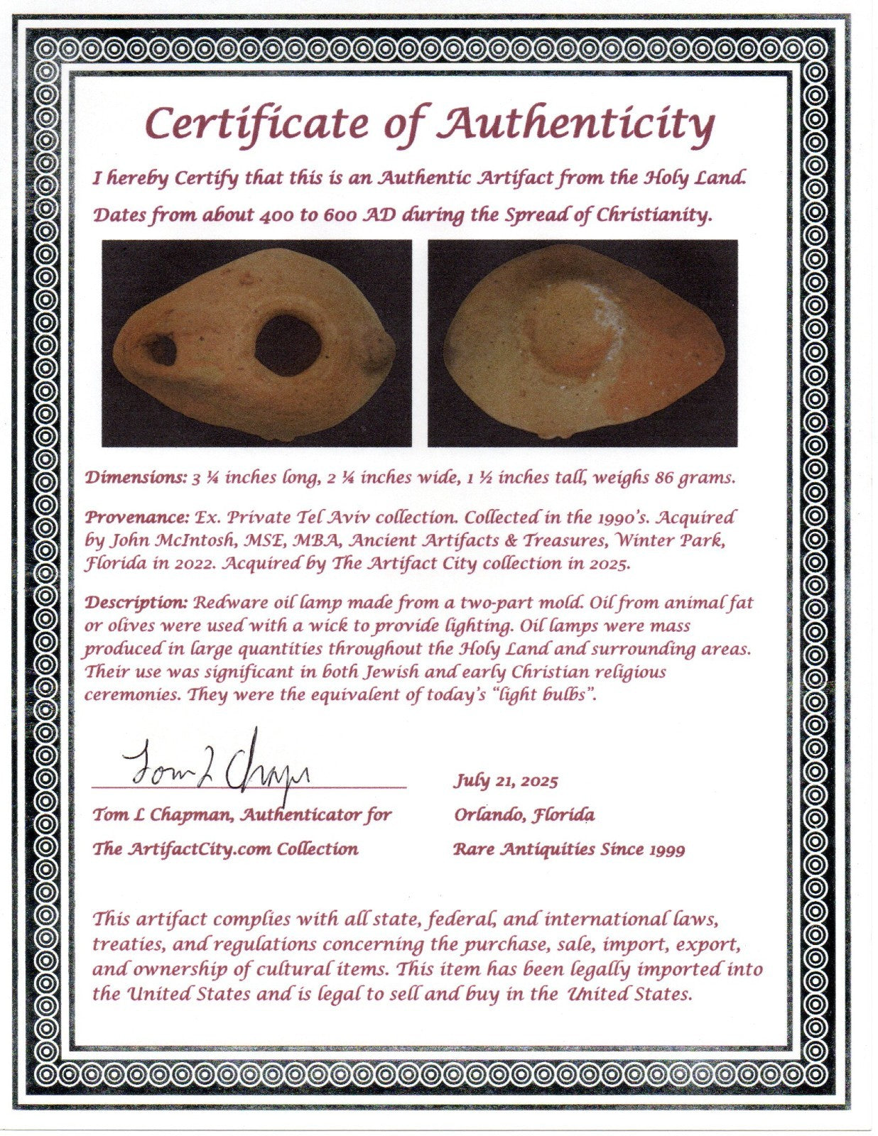 Ancient Holy Land Oil Lamp Artifact  From Jesus Christ Homeland 400-600AD COA 36