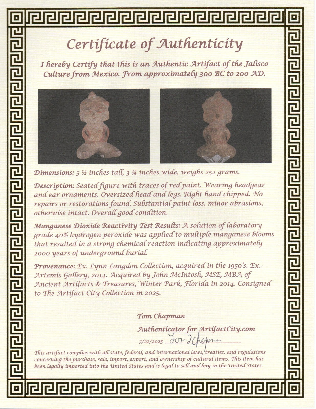 Pre Columbian Authentic Artifact Jalisco Tomb Figure Mexico 300BC-200AD COA J68