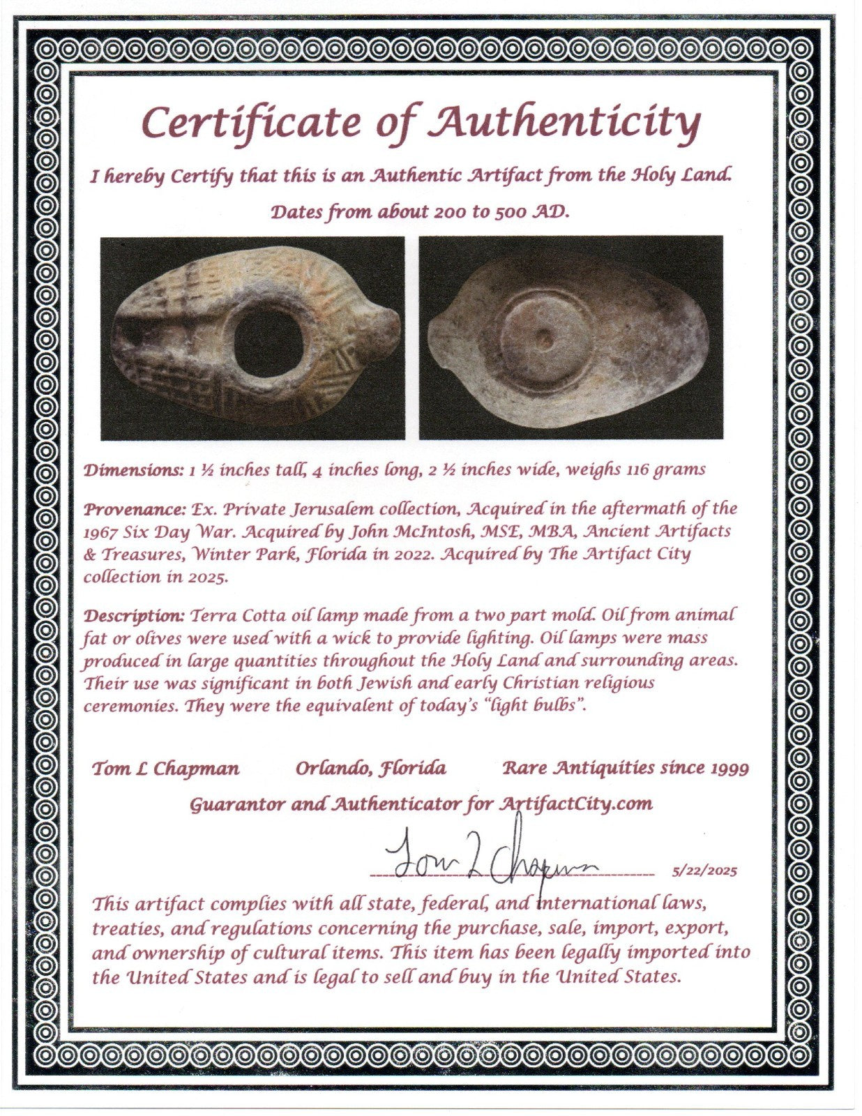 Oil Lamp Holy Land Ancient Artifact Jesus Christ Home Israel 300-600 AD COA J152