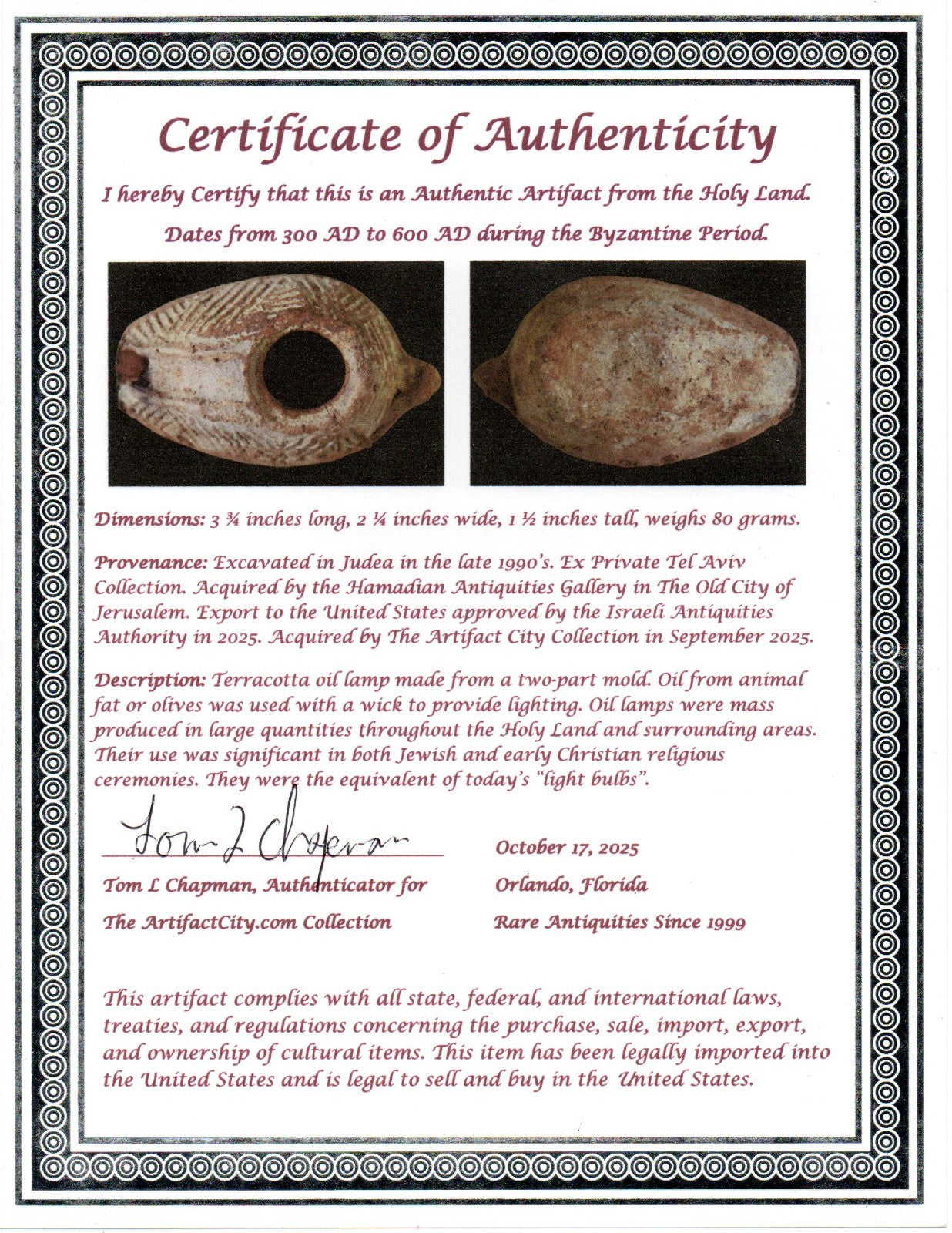 Oil Lamp Holy Land Ancient Artifact Jesus Christ Home Israel 300-600 AD COA 127