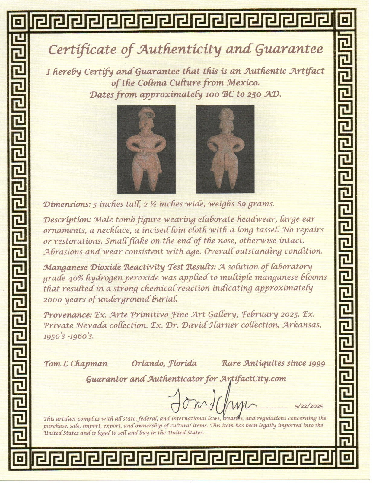 Pre Columbian Artifact Authentic Tomb Figure Colima Mexico 100BC - 250AD COA 212