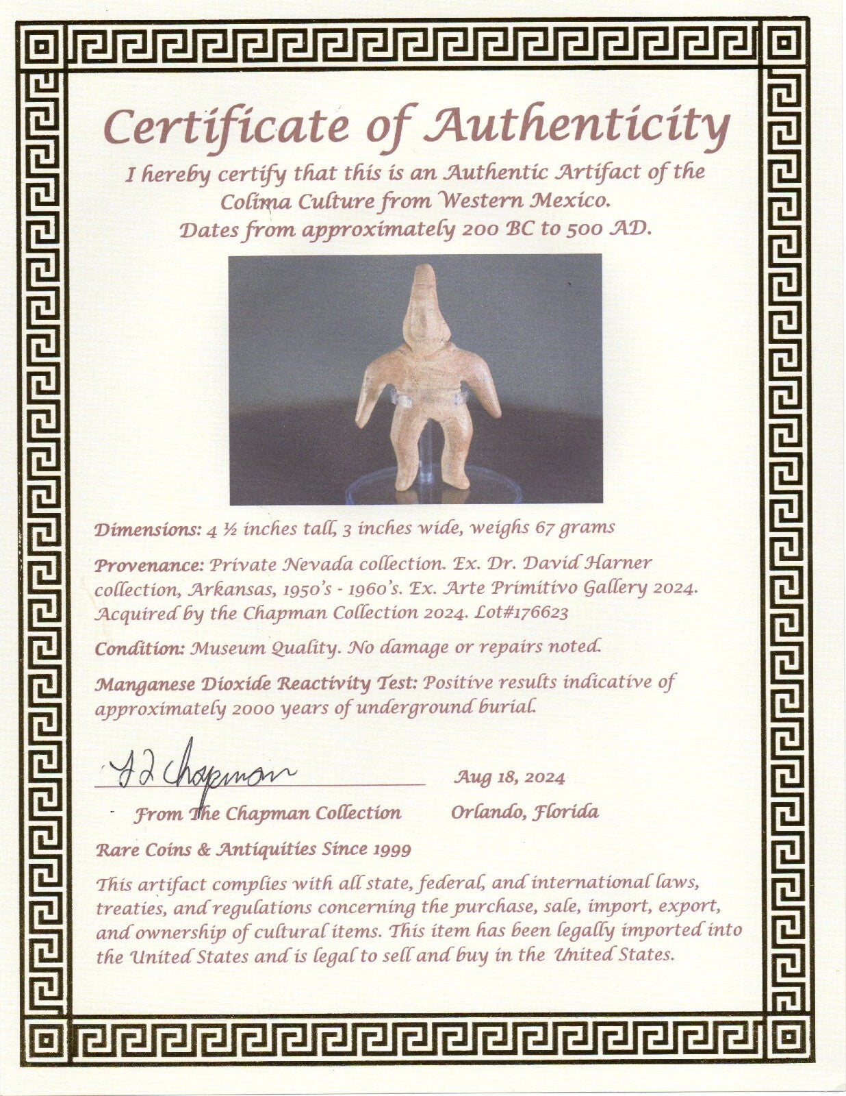 Pre Columbian Artifact Authentic  Archaic Tomb Figure Colima Mexico COA T97