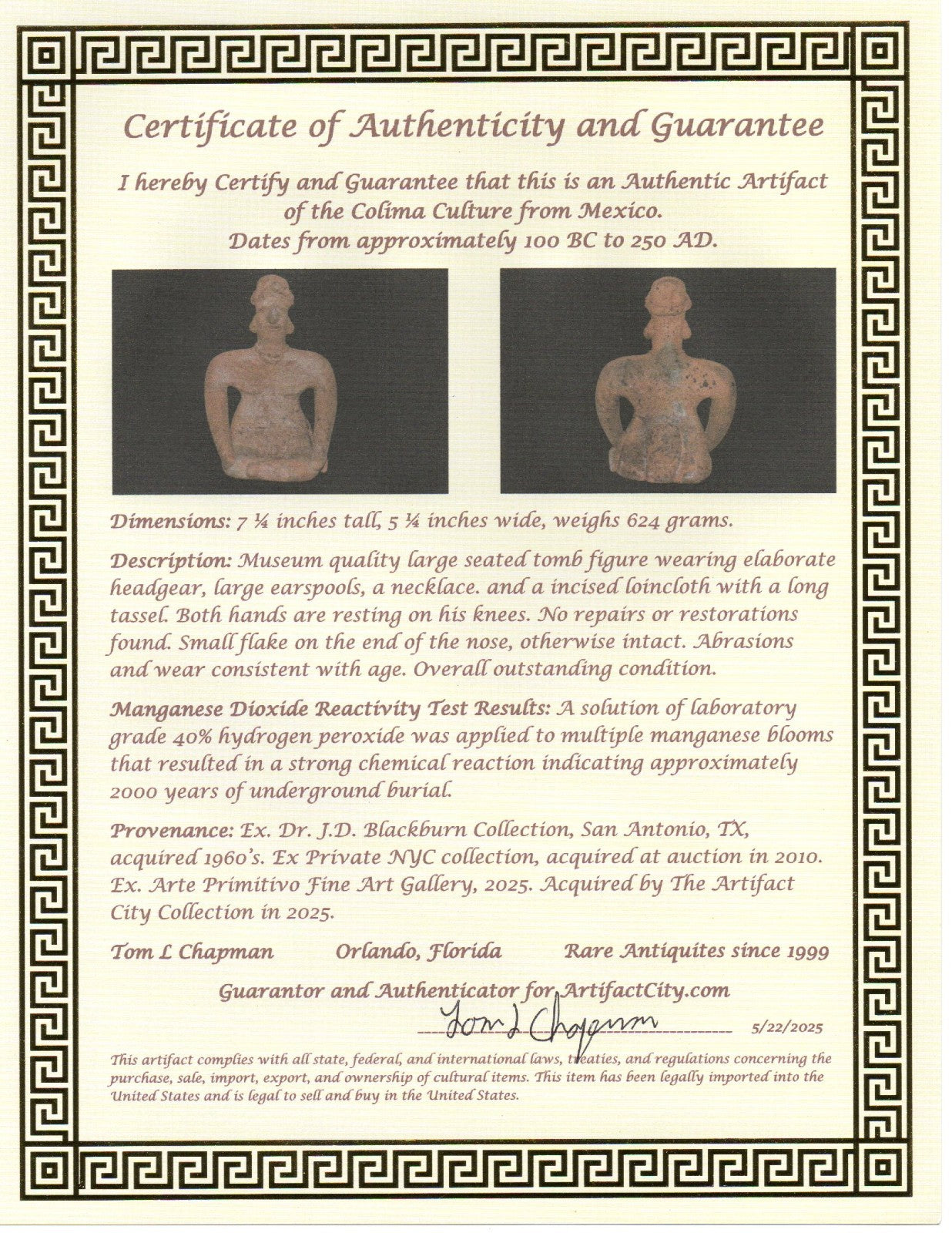 Pre Columbian Museum Quality Artifact Large Tomb Figure Colima Mexico COA 214