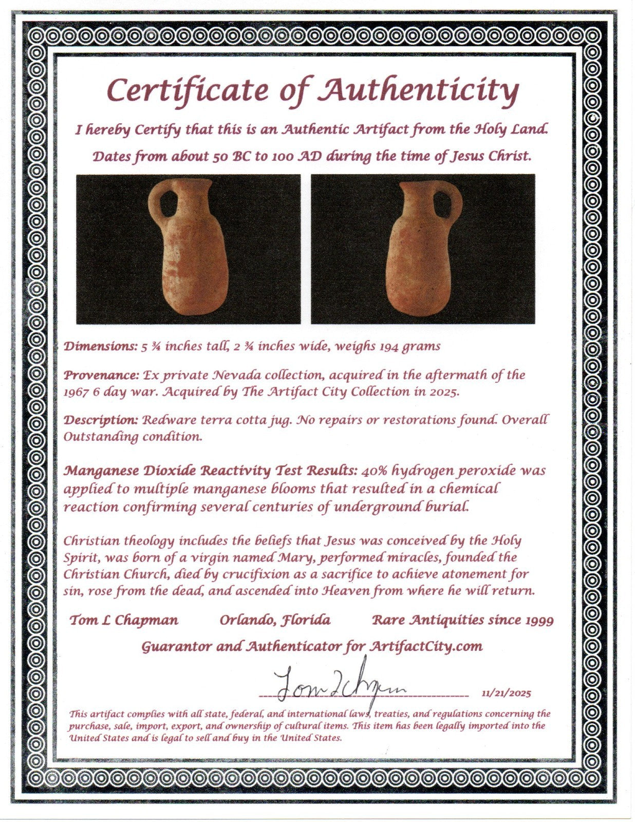 Time of Jesus Christ Ancient Holy Land Artifact Herodian Jug 50BC - 100AD COA 30