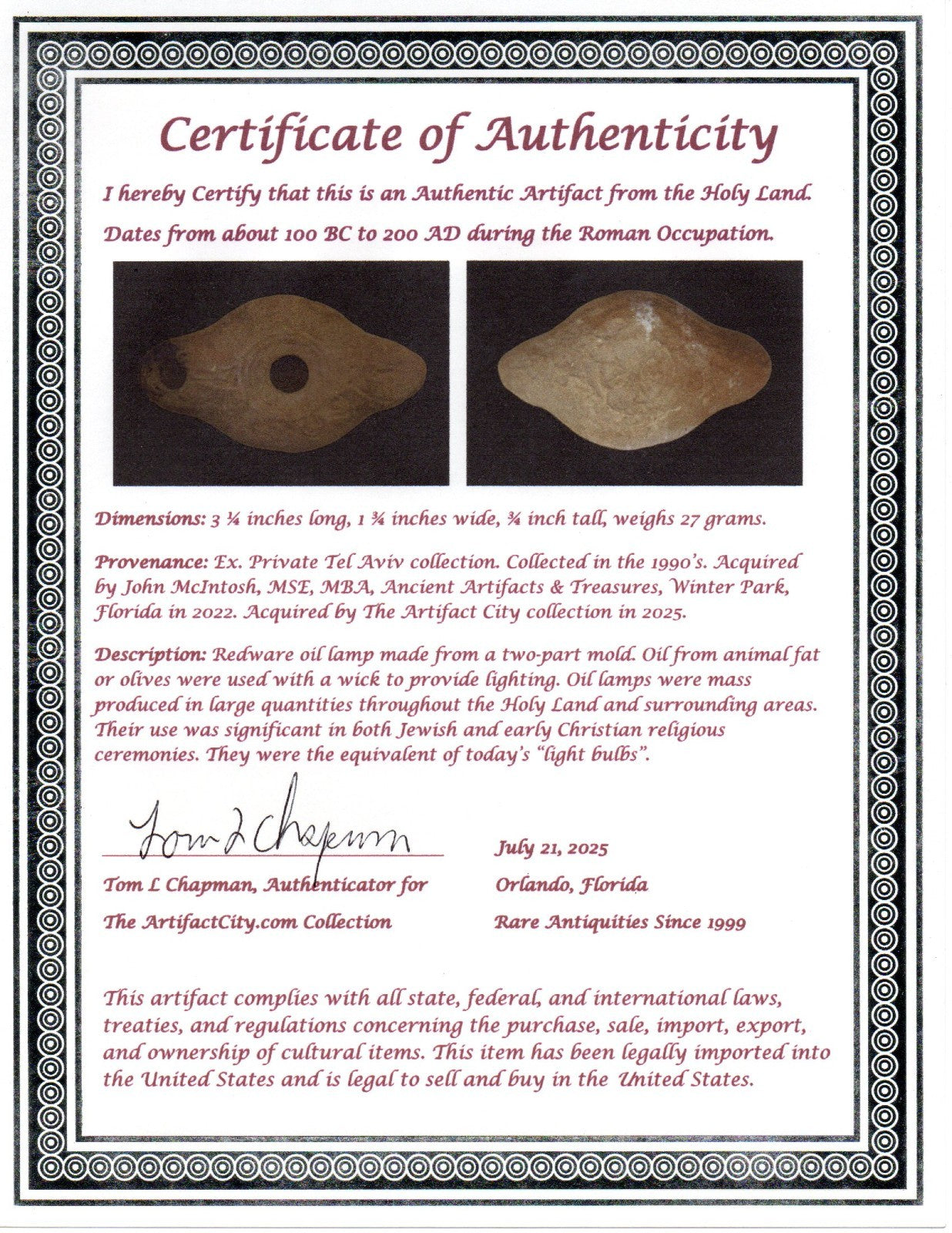 Ancient Holy Land Oil Lamp Artifact Jesus Christ Home Land 100BC-200AD COA 43