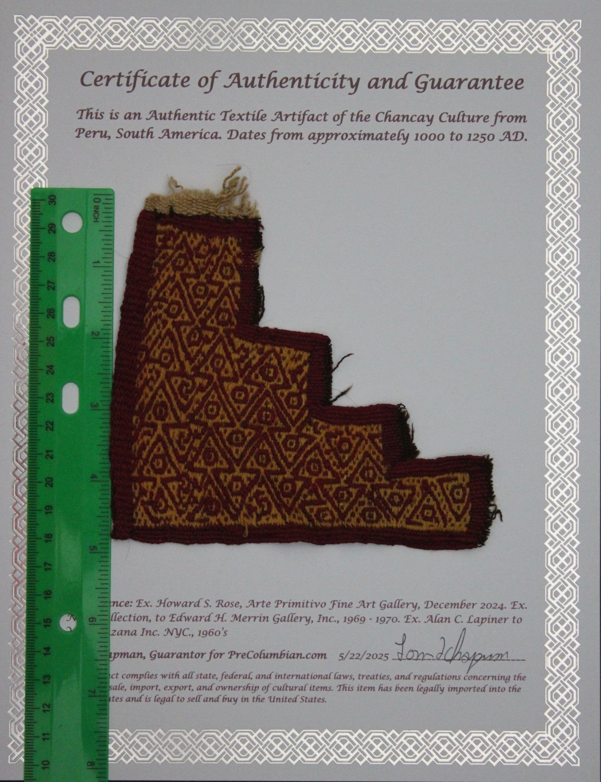 Pre Columbian Authentic Artifact Frameable Textile Border Chancay Peru COA 01
