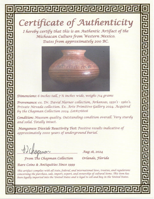 Authentic Pre Columbian Artifact Decorated Olla Michoacan Arte Primitivo COA T66
