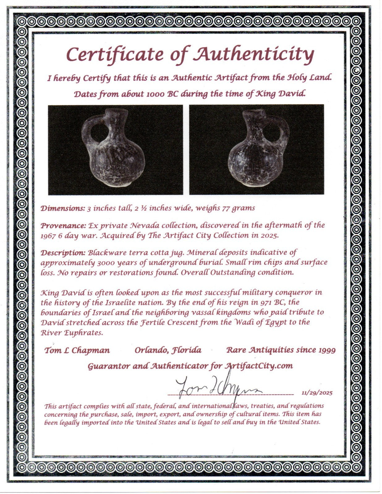 Time of King David Jugglet Ancient Holy Land Artifact Home of Jesus COA 38