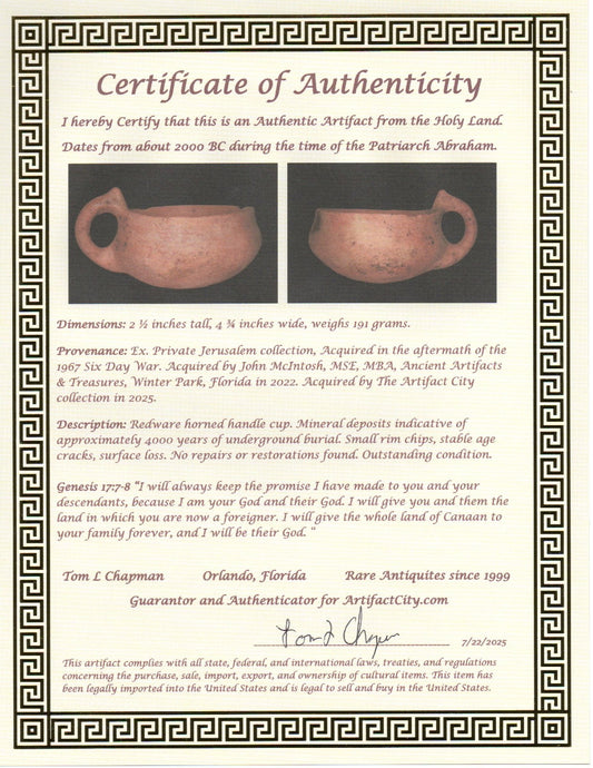 Ancient Holy Land Artifact 4000 Year Old Cup Time of Abraham 2000 BC COA J116