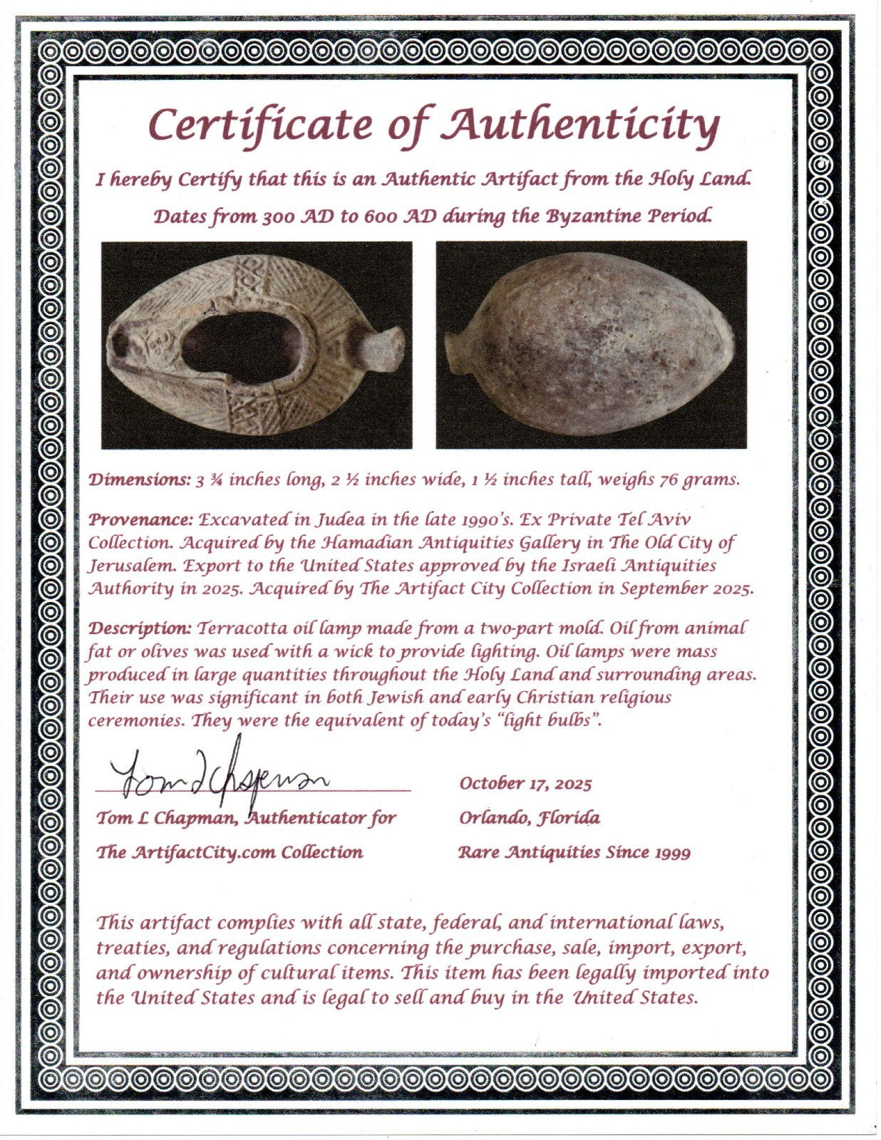 Oil Lamp Holy Land Ancient Artifact Jesus Christ Home Israel 300-600 AD COA 128