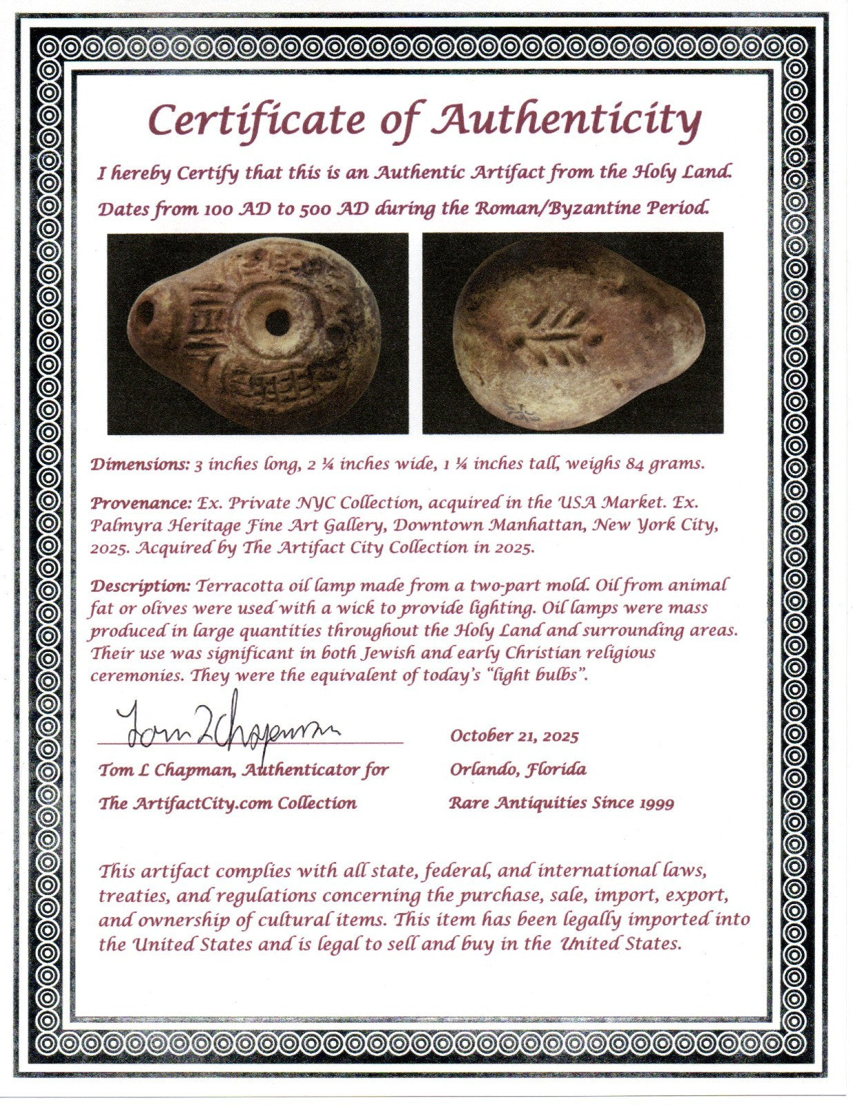 Ancient Holy Land Oil Lamp Artifact From Jesus Christ Home Land 100-500AD COA 62