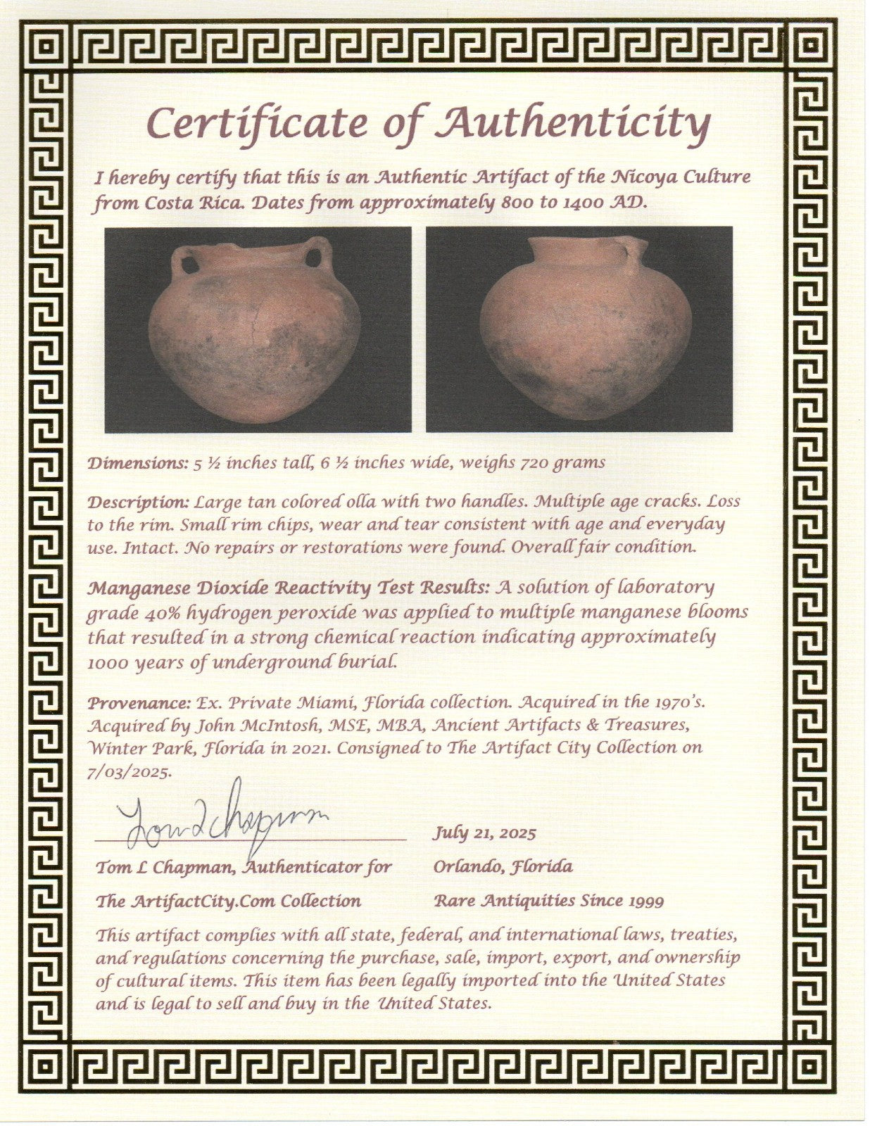 Pre Columbian Authentic Artifact Large Olla Nicoya Costa Rica 800-1400AD COA J70