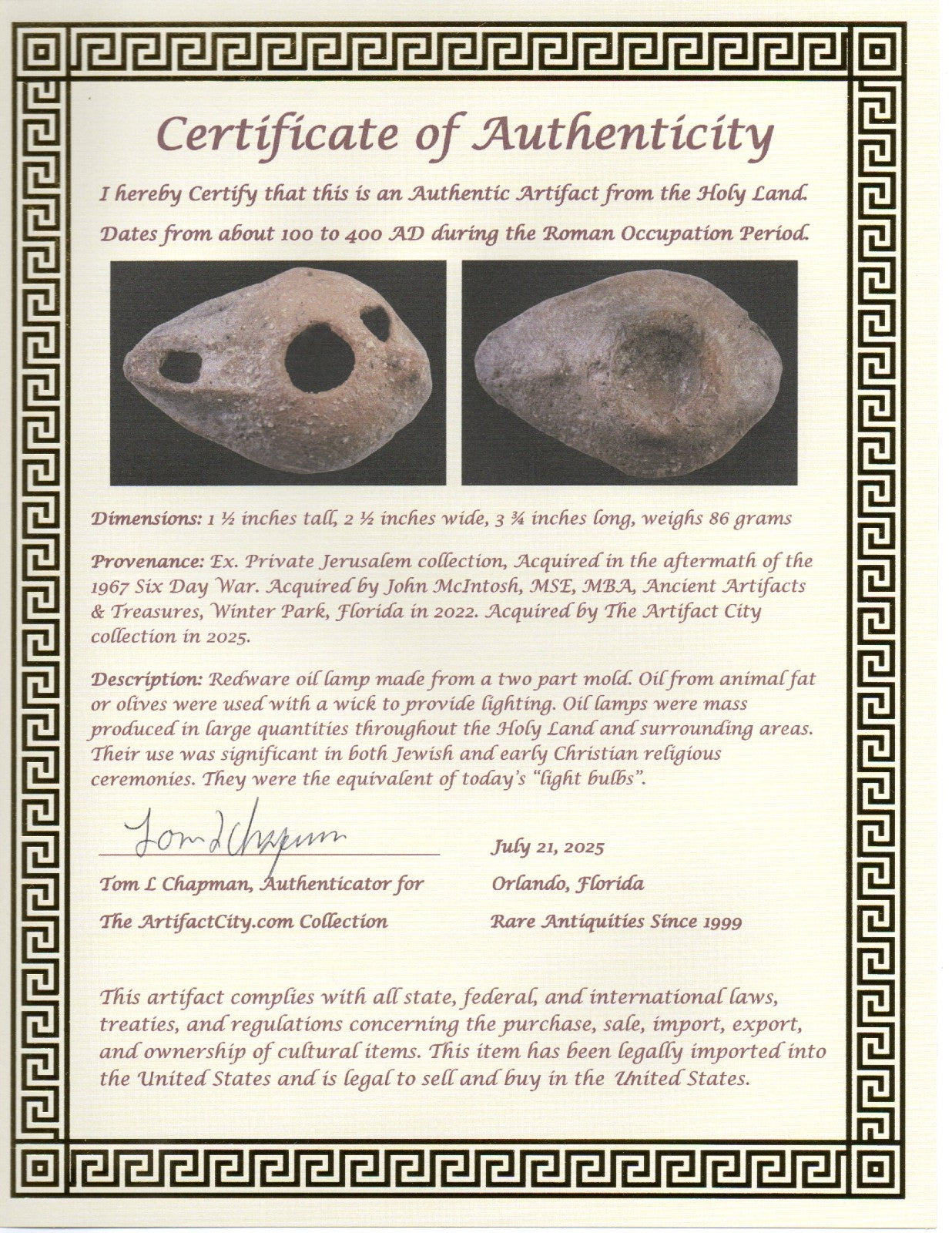 Ancient Holy Land Oil Lamp Artifact Jesus Christ Homeland 100 - 400 AD COA L09