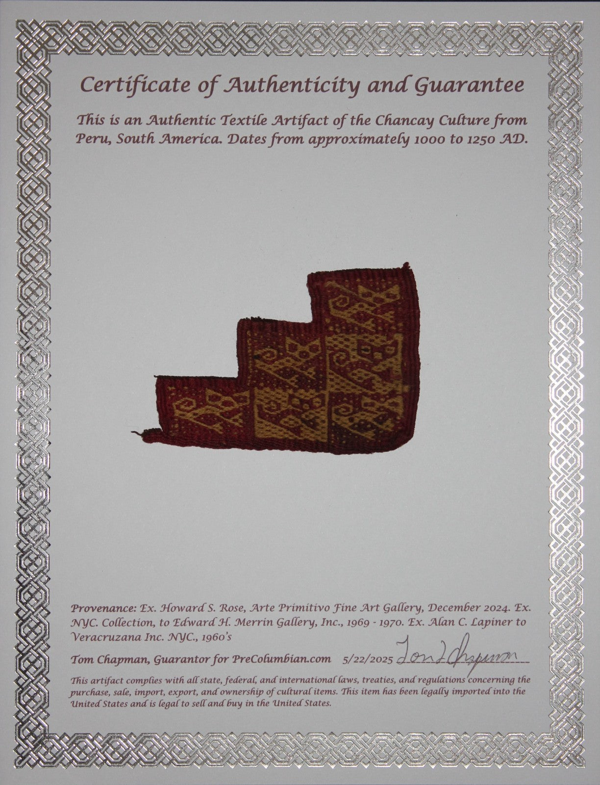 Pre Columbian Authentic Artifact Frameable Textile Border Chancay Peru COA 05