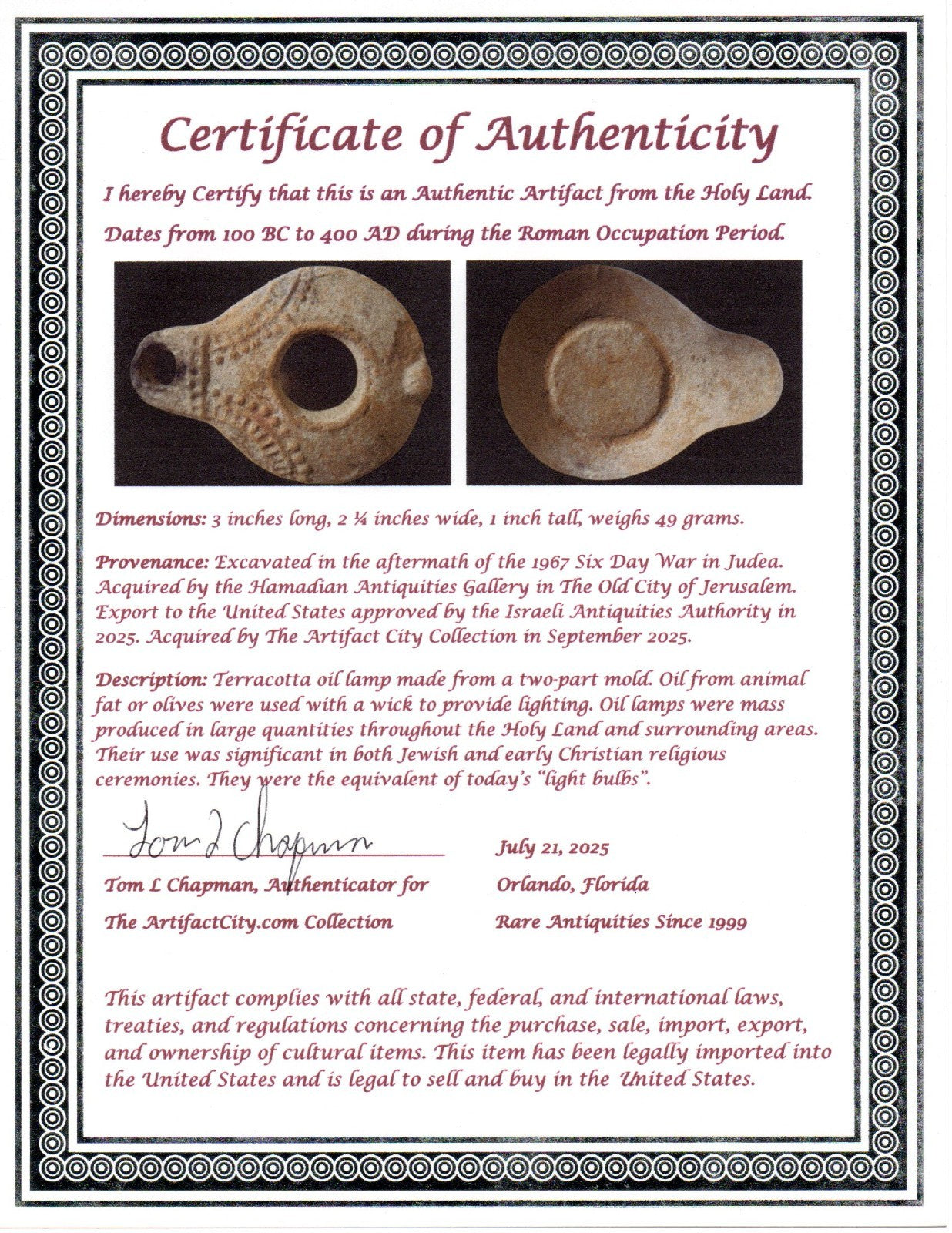 Holy Land Oil Lamp Ancient Artifact Jesus Christ Homeland 100BC-400AD COA 20