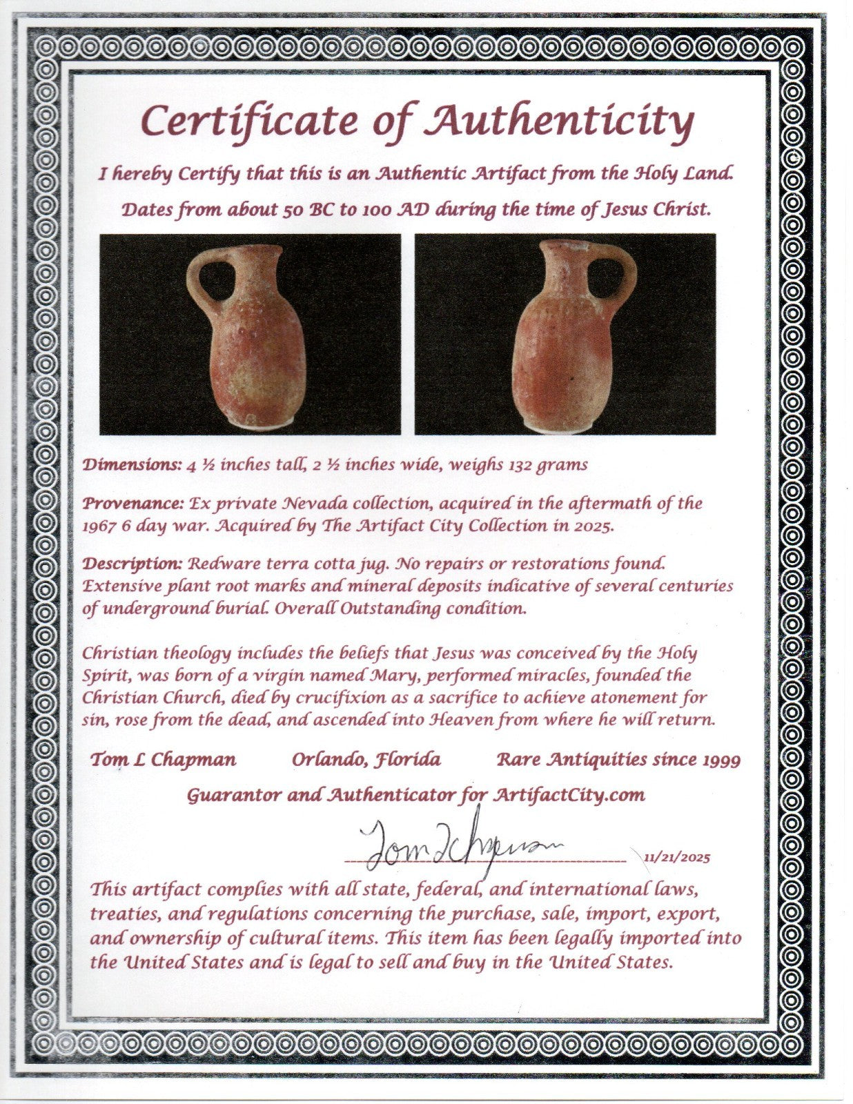 Time of Jesus Christ Ancient Holy Land Artifact Herodian Jug 50BC - 100AD COA 29