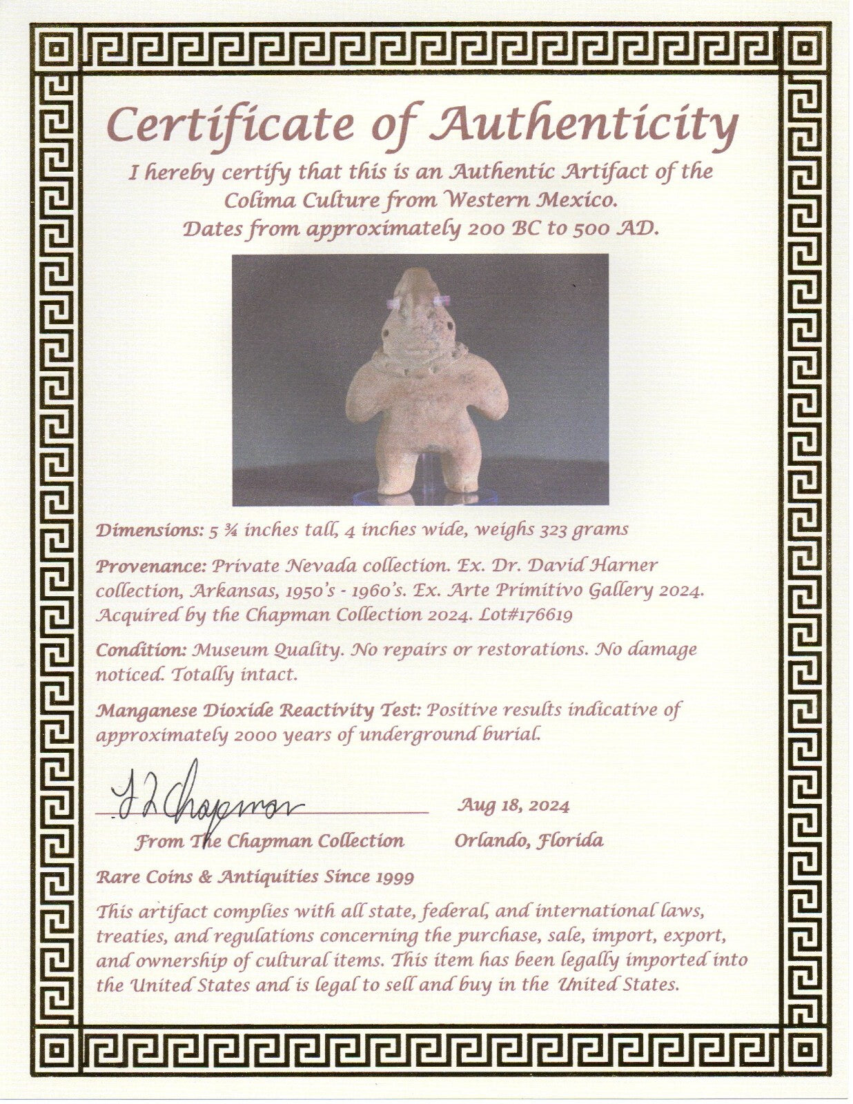 Pre Columbian Artifact Authentic Tomb Figure Colima Ex Arte Primitivo COA T86